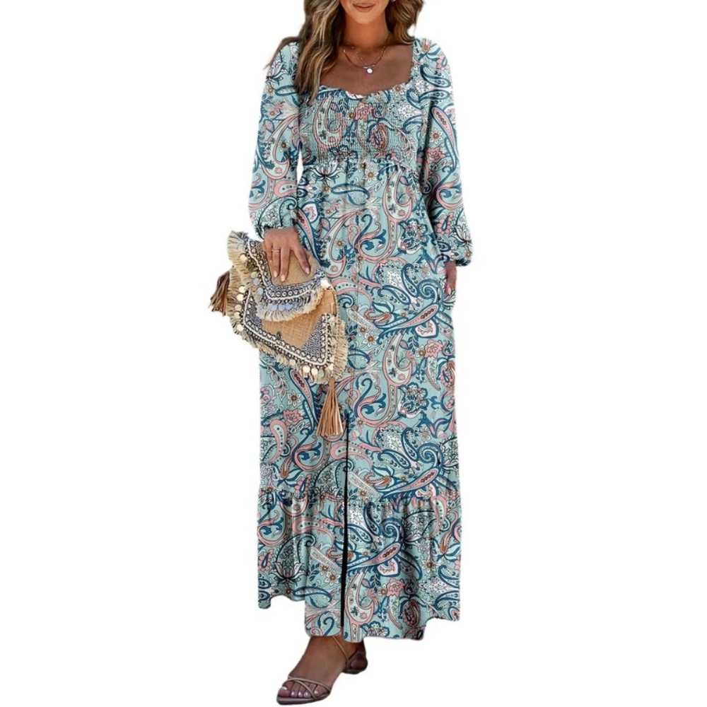 Long-sleeve Floral Boho Square Neck Maxi Dress / Blue, L, Stretchy / NIB